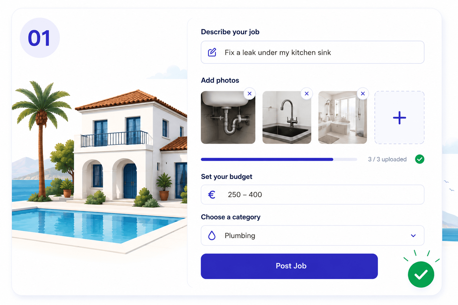 Post a job form with villa background and photo uploads