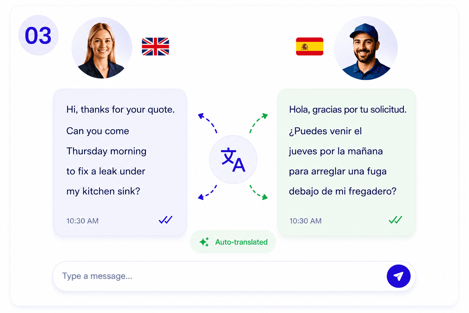 Split-screen chat showing English and Spanish messages with auto-translation